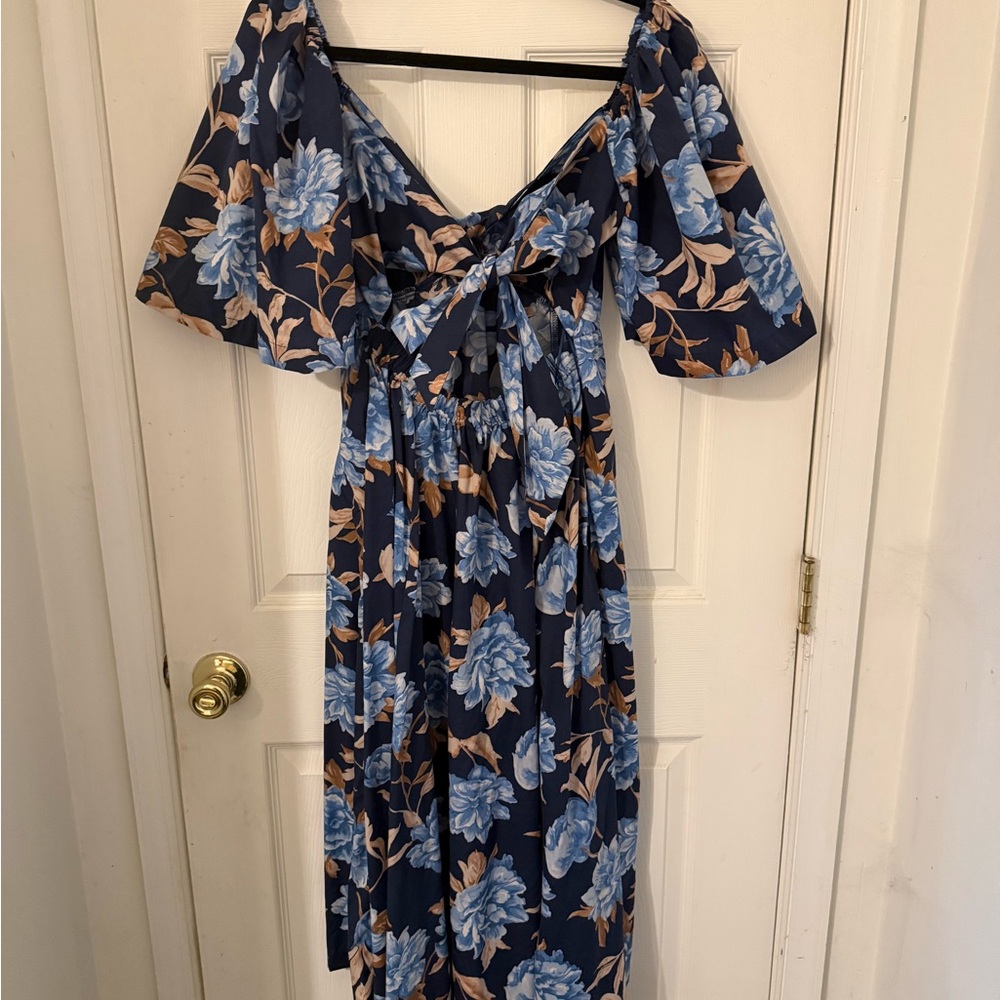 Abercrombie & Fitch Navy Floral Midi Dress with Blue and Tan Flowers - Picture 3 of 6